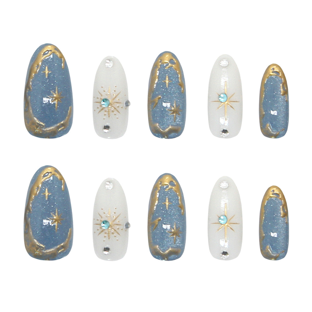 Celestial Dream Medium Oval Blue with Gold Star Accents Press On Nail Set