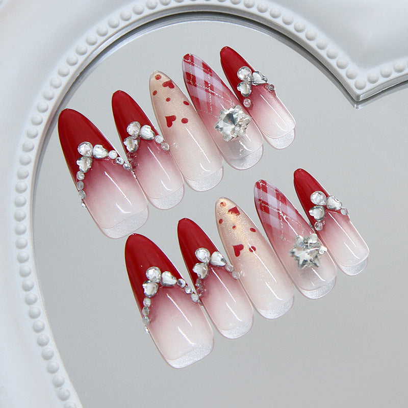 Romantic Heart Inspired Medium Almond Red Ombre Press On Nail Set with Rhinestone Accents