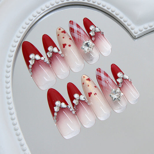 Romantic Heart Inspired Medium Almond Red Ombre Press On Nail Set with Rhinestone Accents
