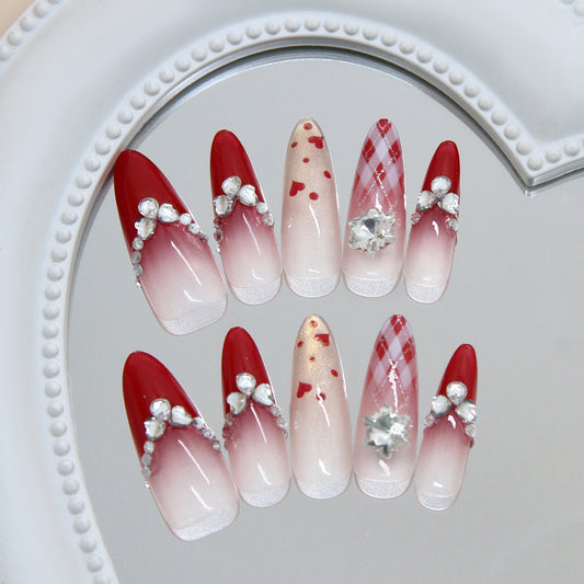 Romantic Elegance Medium Almond Red Gradient Press On Nail Set with Glamorous Rhinestones