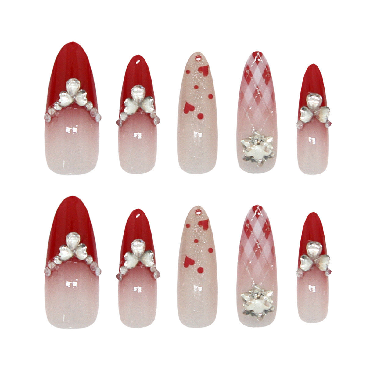 Romantic Elegance Long Almond Red Ombre with Charming Pearl Accents Press On Nail Set