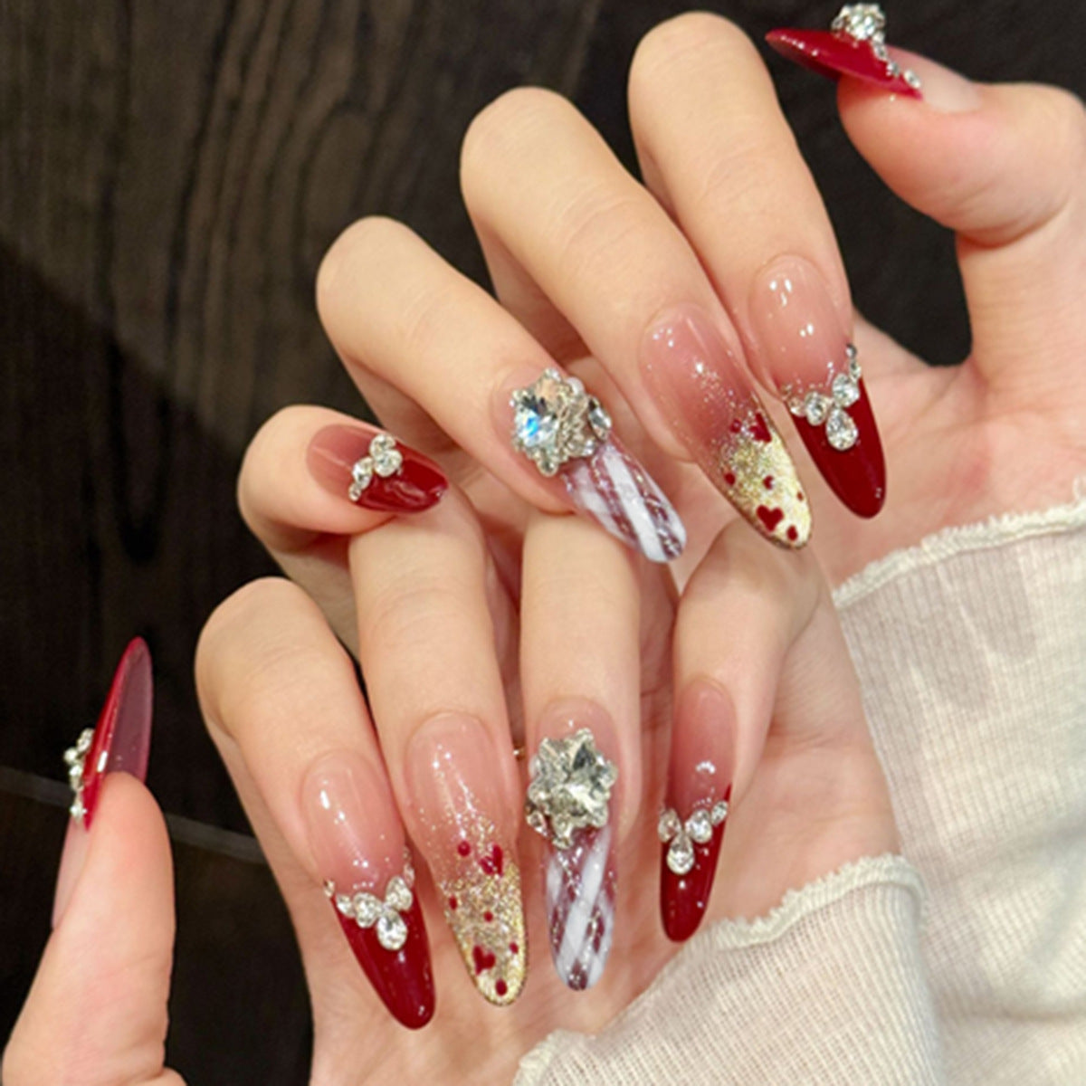 Festive Glamour Medium Almond Red with Sparkling Rhinestone Accents