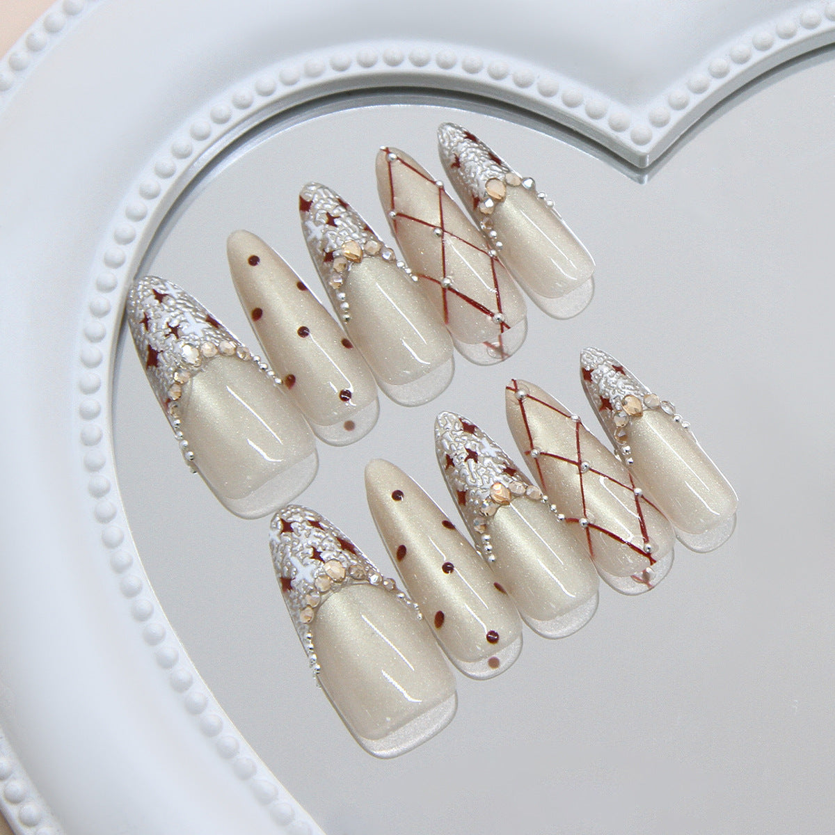 Glistening Elegance Medium Almond Champagne Press On Nail Set with Unique Rhinestone Detail