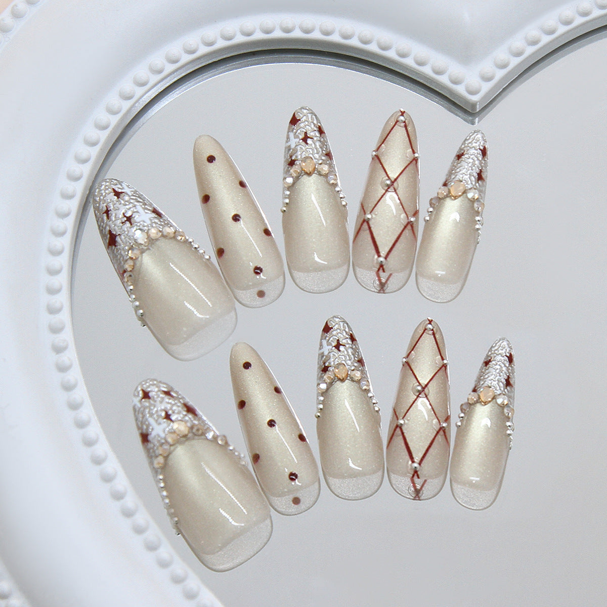 Elegant Winter Wonderland Medium Almond Cream Color with Sparkling Jewel Accents Press on Nail Set