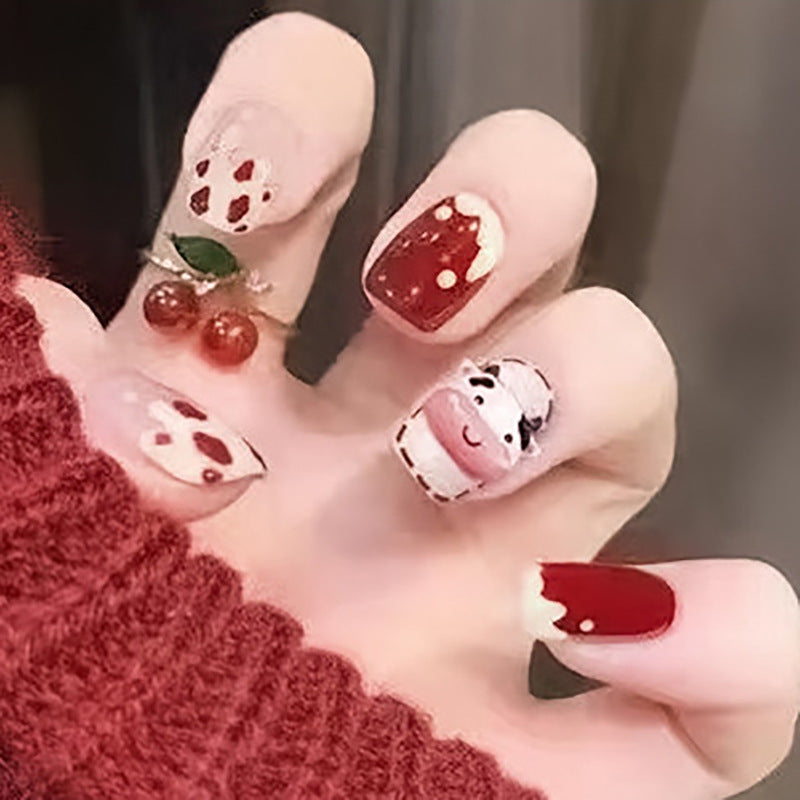 Cherry Delight Short Round Burgundy Press On Nails with Cute Fruit Accents and Glitter Detail