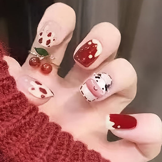 Cherry Delight Short Round Burgundy Press On Nails with Cute Fruit Accents and Glitter Detail