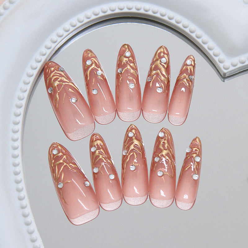 Elegant Dream Long Almond Pink with Marble Design and Gem Accents Press on Nail Set