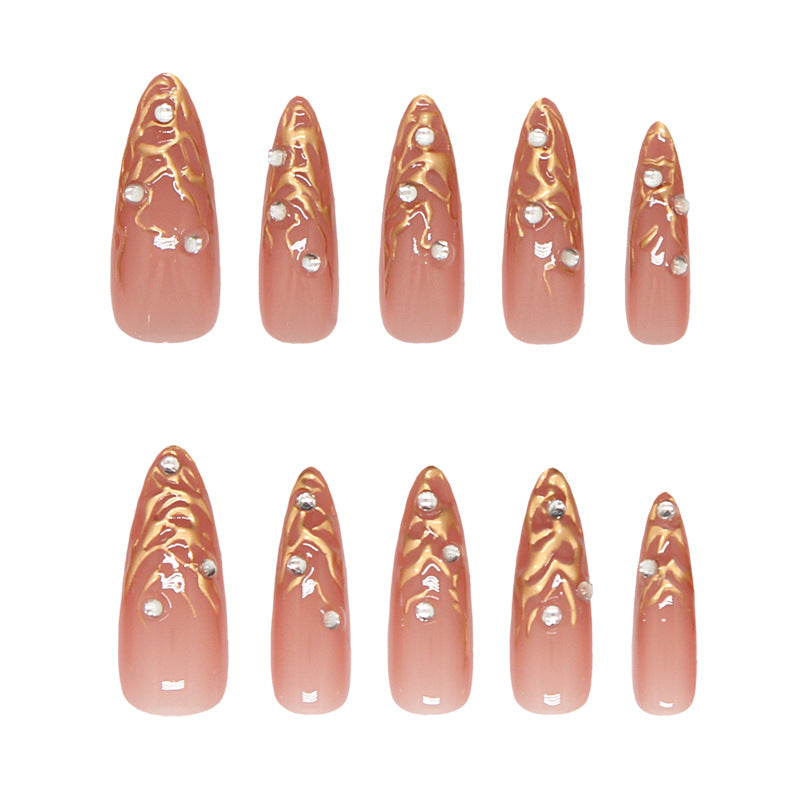 Elegant Sunset Long Almond Beige Nails with Sparkling Accents