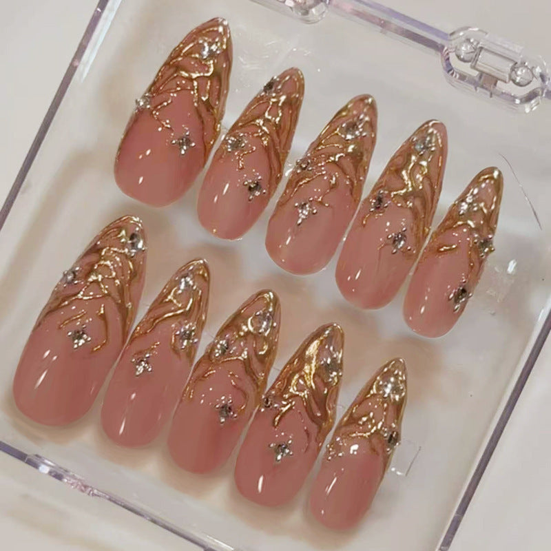 Glamorous Stiletto Long Pink with Metallic Swirl Design Press On Nail Set