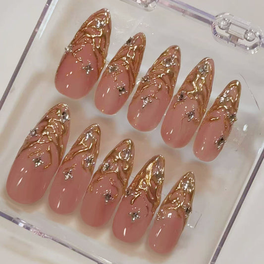 Glamorous Stiletto Long Pink with Metallic Swirl Design Press On Nail Set