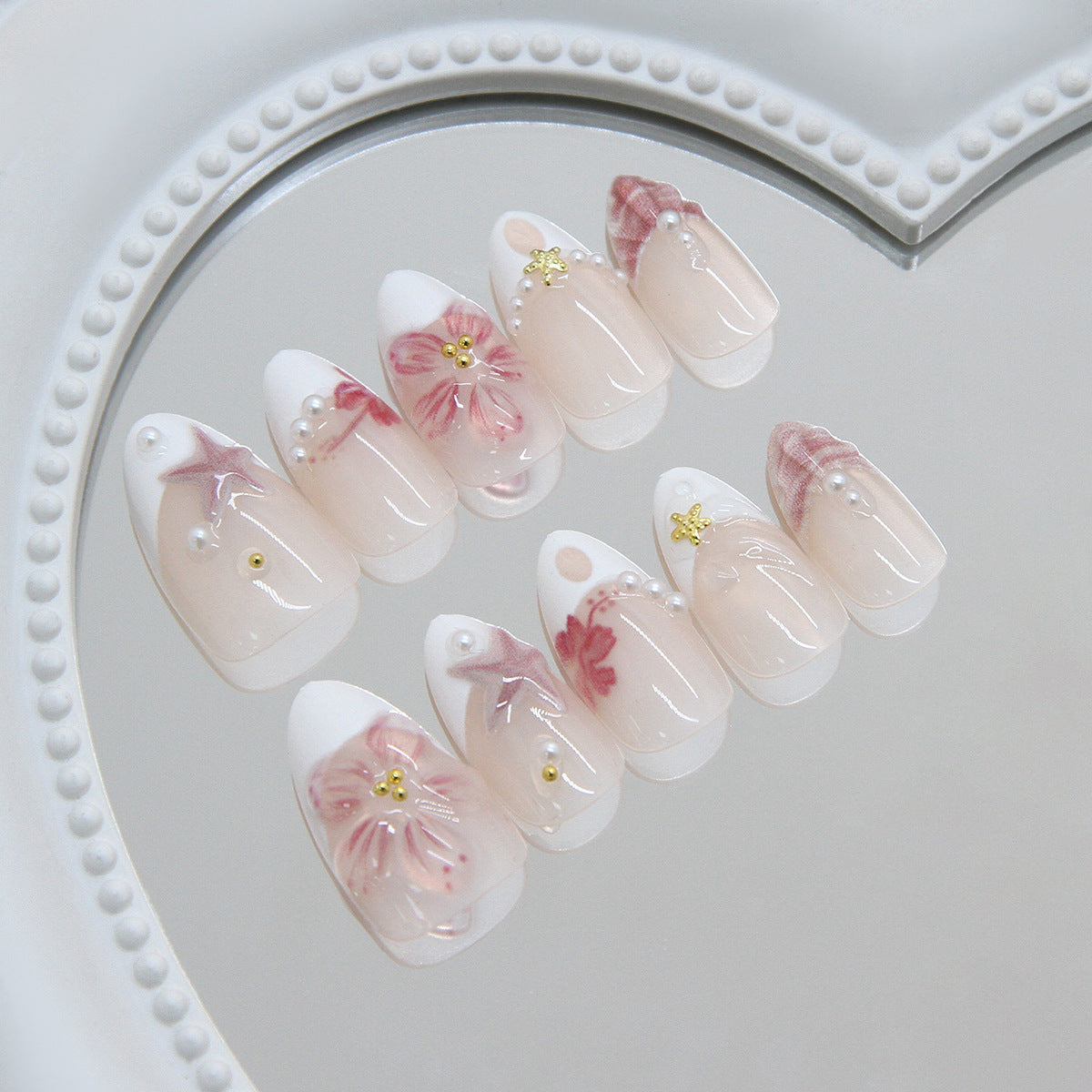 Whimsical Garden Medium Almond Soft Pink Floral Press On Nail Set with Pearl Accents