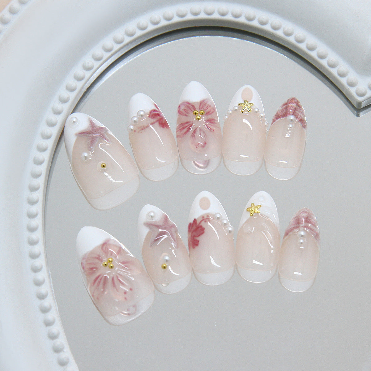 Whimsical Blossom Medium Almond Soft Pink Floral Accents Press On Nail Set