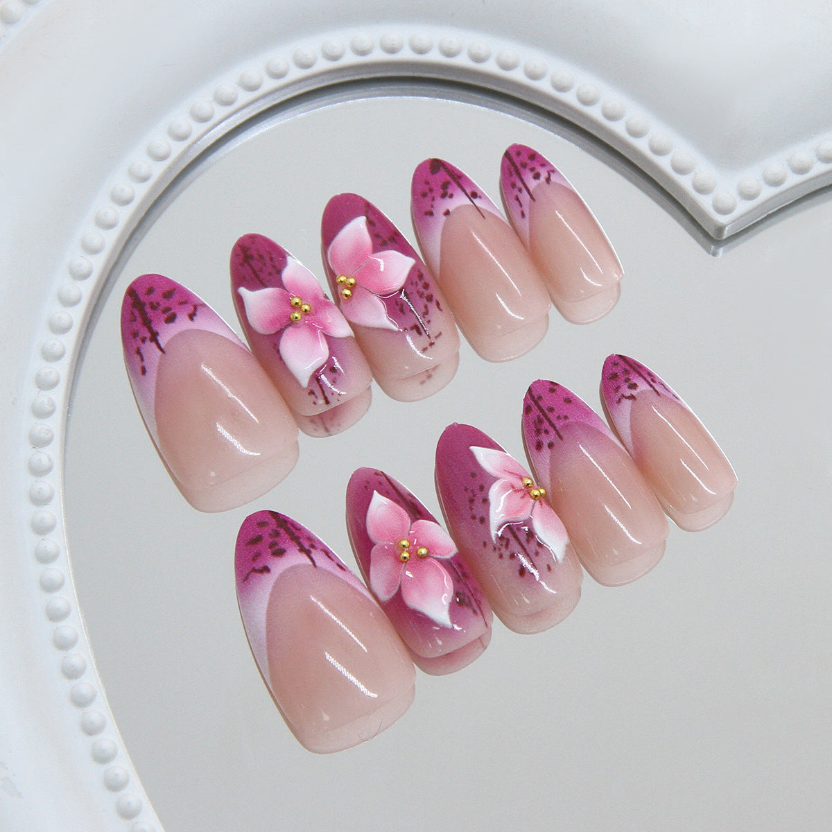 Blossoming Elegance Medium Almond Pink with Floral Embellishments Press on Nail Set