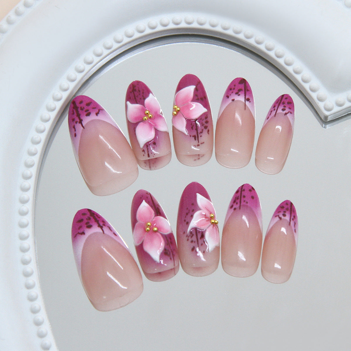 Floral Elegance Medium Almond Lavender Press On Nail Set with Charming Floral Accents