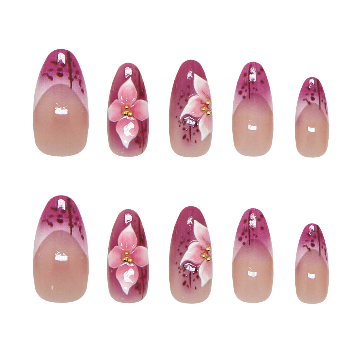 Blooming Elegance Medium Almond Purple Ombre Floral Nail Set