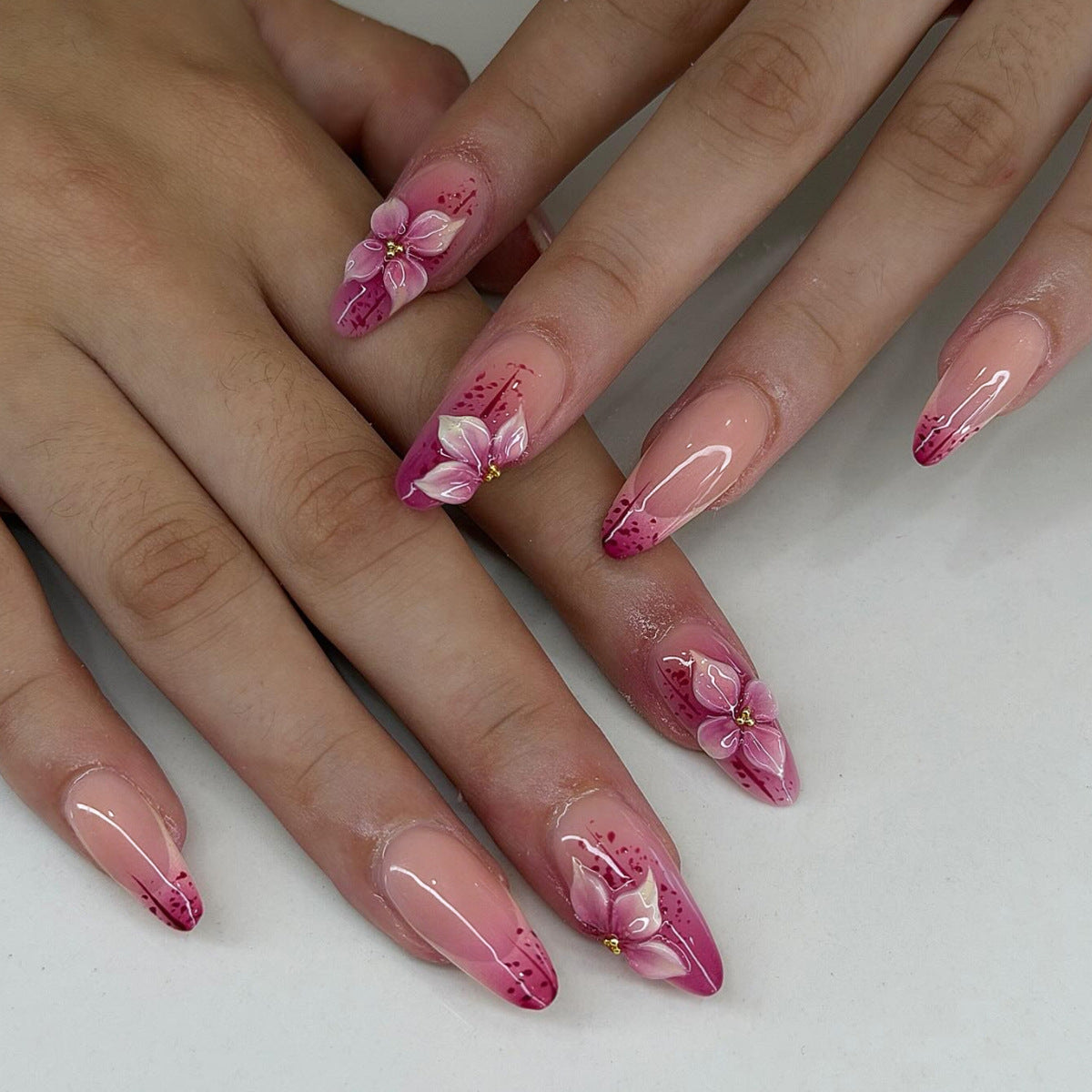 Floral Fantasy Medium Almond Pink Press On Nail Set with Three Dimensional Flower Accents