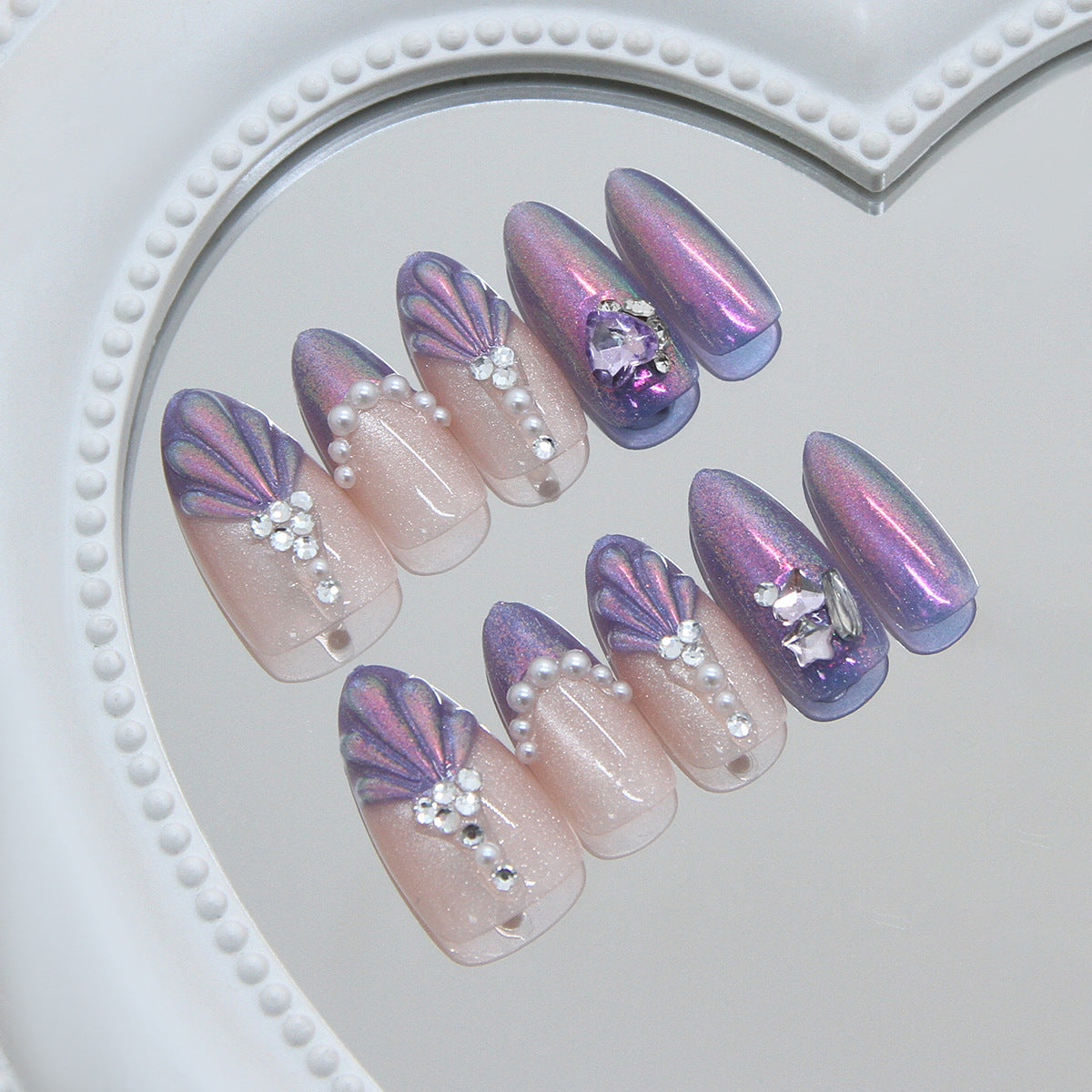 Under the Sea Glamour Medium Almond Lavender Ombre with Pearl and Gem Accents Press On Nail Set