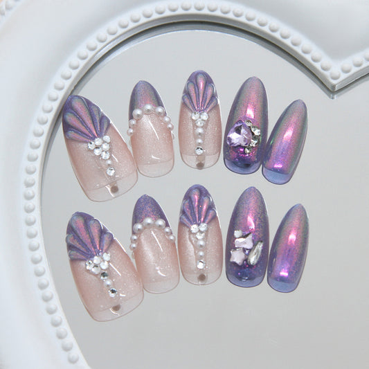 Mermaid Dreams Medium Almond Purple Shimmer with Gemstone Accents Press on Nail Set