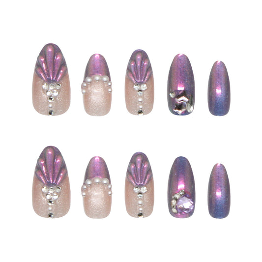 Mermaid Magic Long Almond Iridescent Finish with Pearl and Gem Accents Press on Nail Set