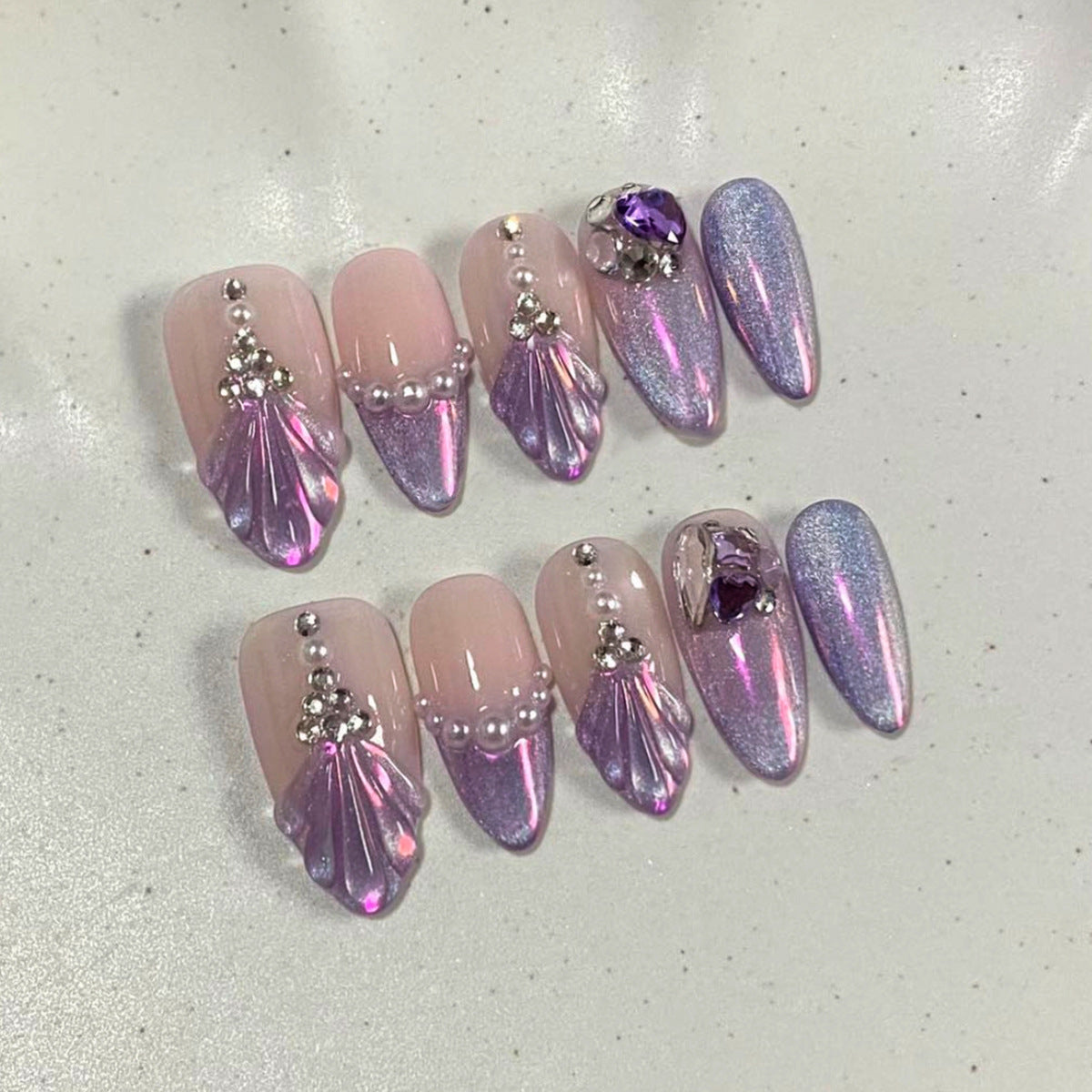 Whimsical Dream Medium Almond Pink Iridescent Press On Nail Set with Pearl and Gem Accents
