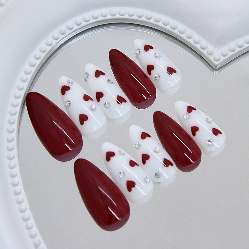 Romantic Elegance Medium Almond Burgundy and White Heart Design Press On Nail Set