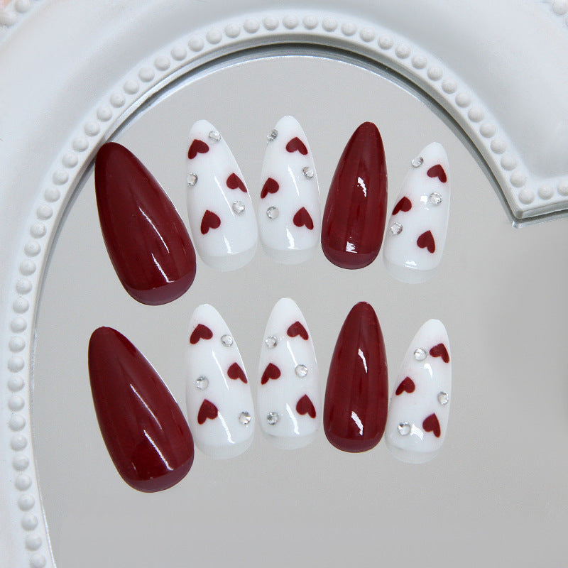 Romantic Heart Theme Medium Almond Red and White Press On Nail Set with Glitter Accents