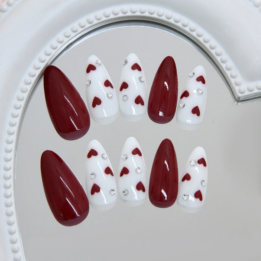 Romantic Heart Theme Medium Almond Red and White Press On Nail Set with Glitter Accents