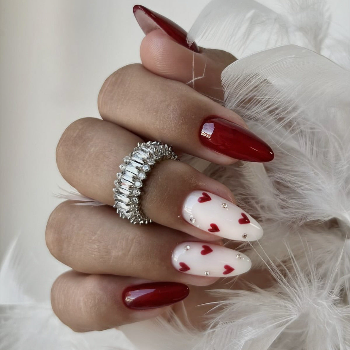 Romantic Elegance Medium Almond Red with Heart Accents Press-On Nail Set