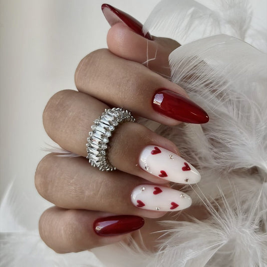 Romantic Elegance Medium Almond Red with Heart Accents Press-On Nail Set
