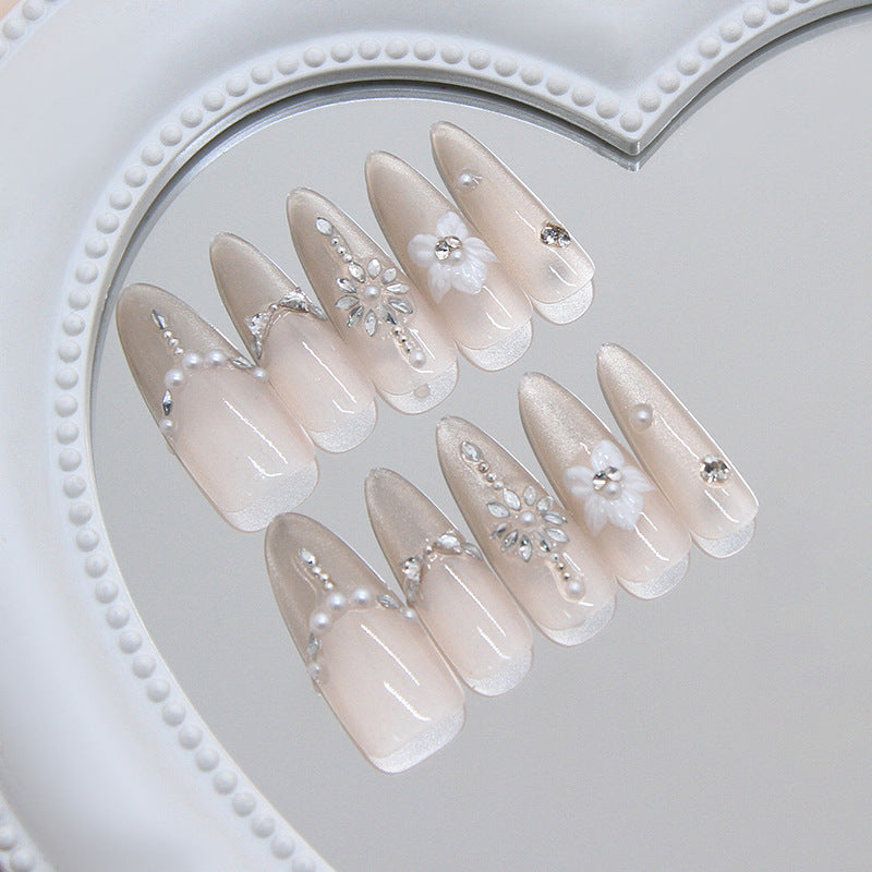 Elegant Floral Dream Long Almond Beige Press On Nail Set with Pearl and Gem Accents