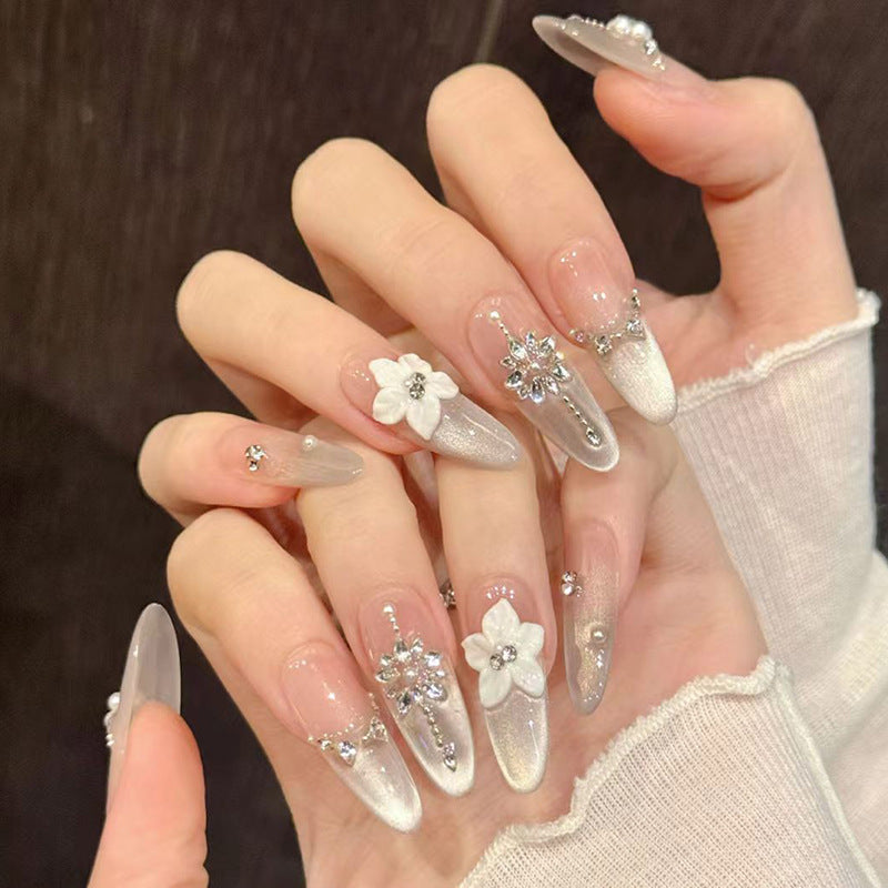 Elegant Enchantment Long Almond Clear with Floral and Gemstone Accents Press On Nail Set