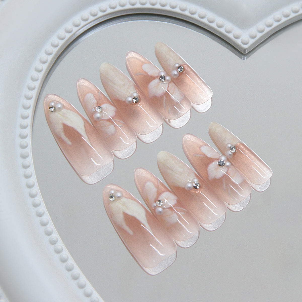 Blossom Elegance Long Almond Pink Marble Press On Nail Set with Pearl Accents