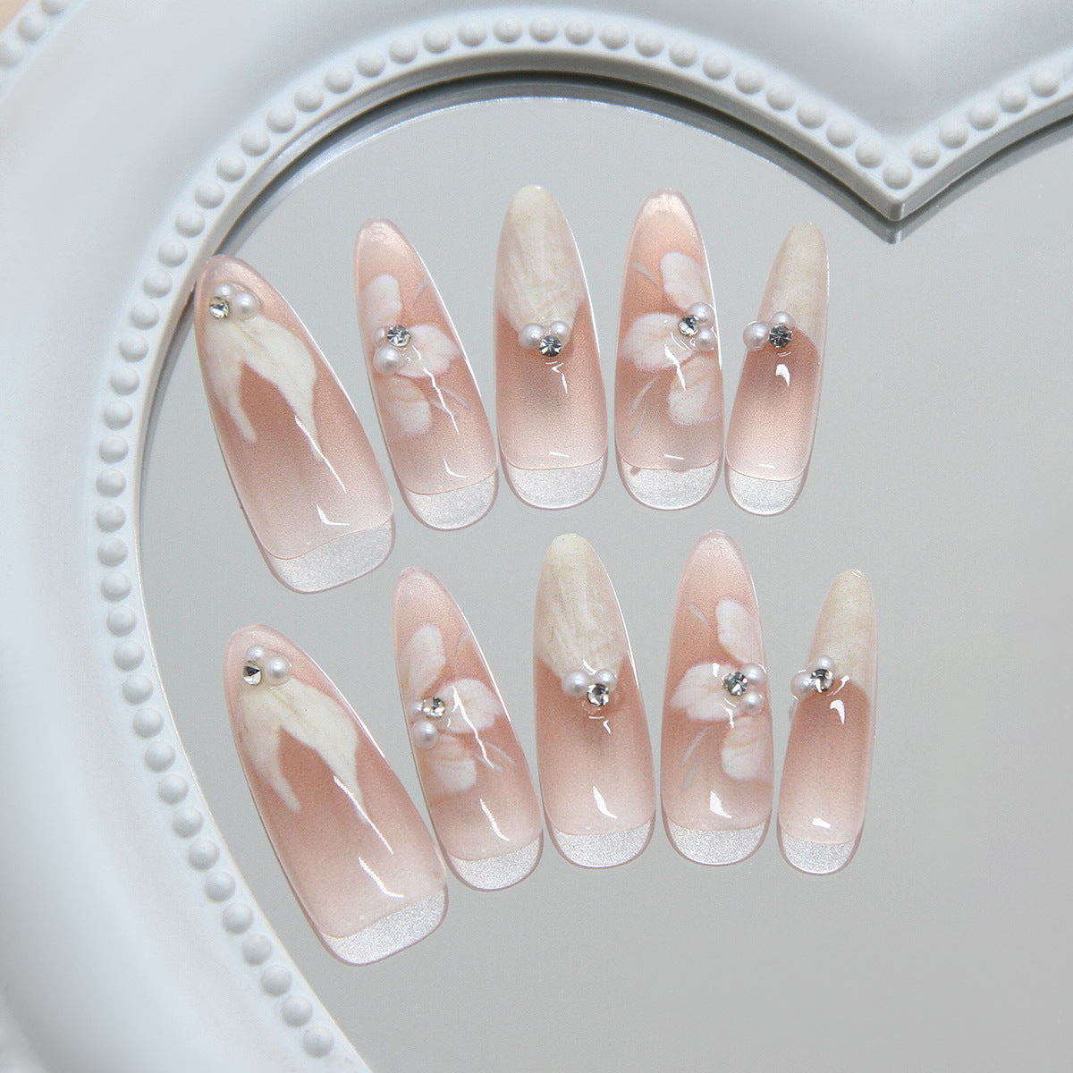 Floral Dream Medium Almond Pink Press On Nail Set with Pearl Accents