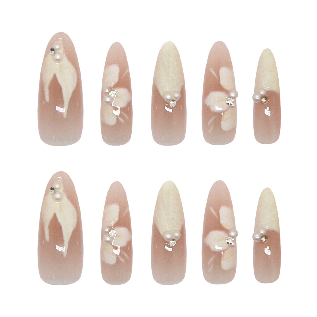 Blossom Elegance Medium Almond Pink with Pearl Accents Press on Nail Set