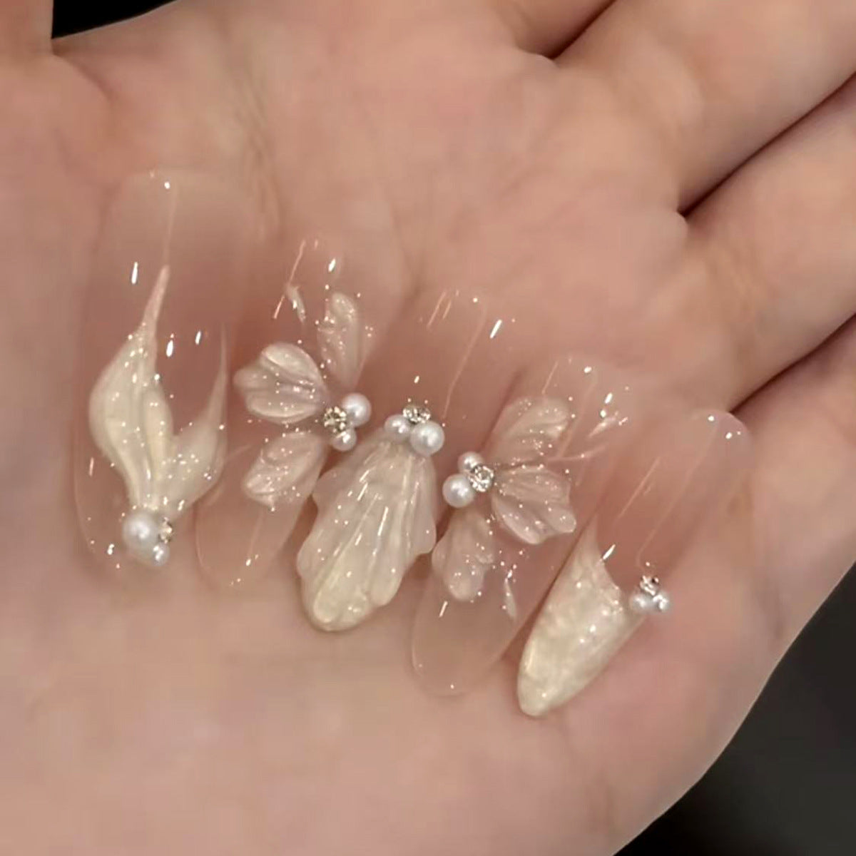 Whimsical Floral Long Almond Transparent Nail Set with Charming Pearl Accents