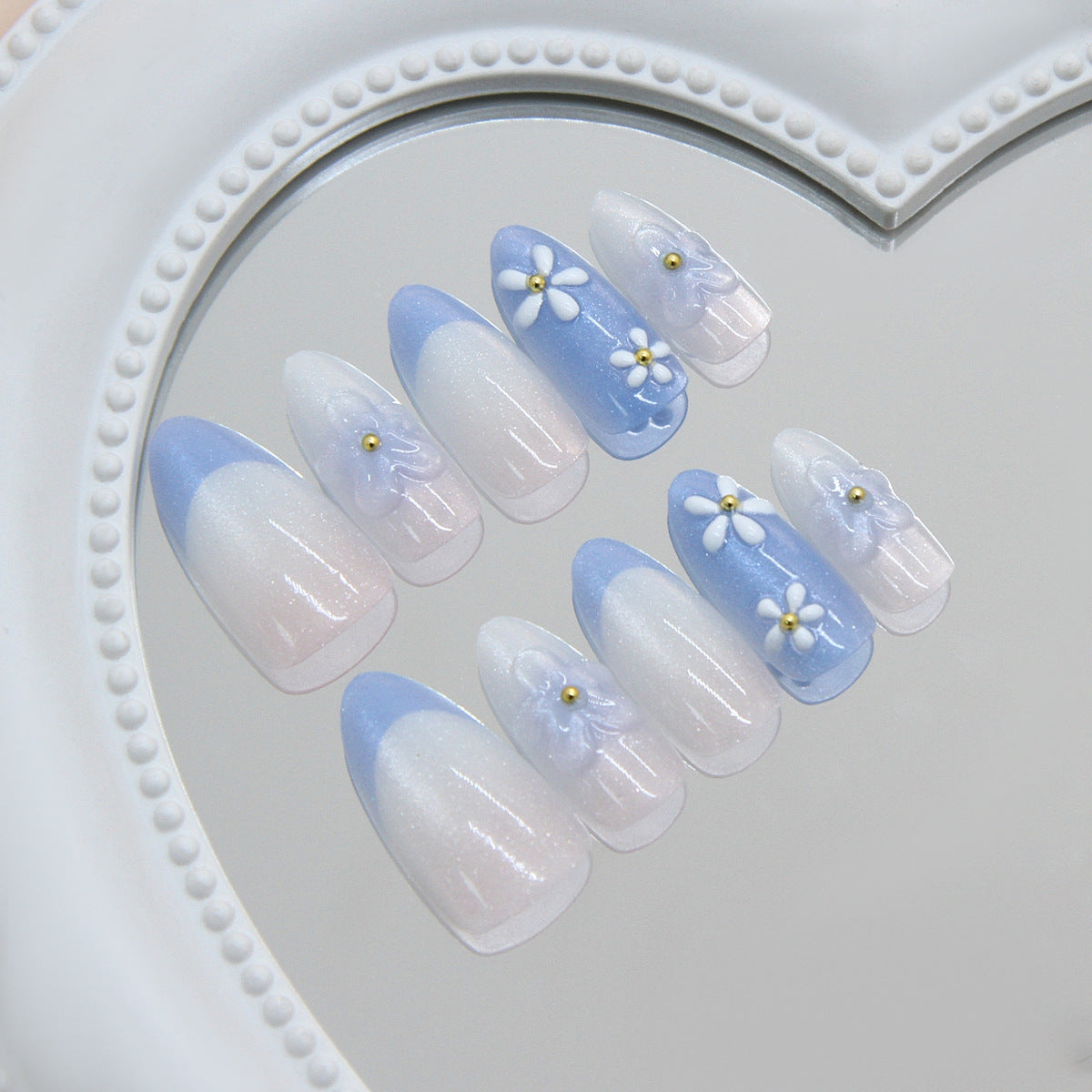 Whimsical Floral Medium Almond Blue Sparkling Design Press On Nail Set