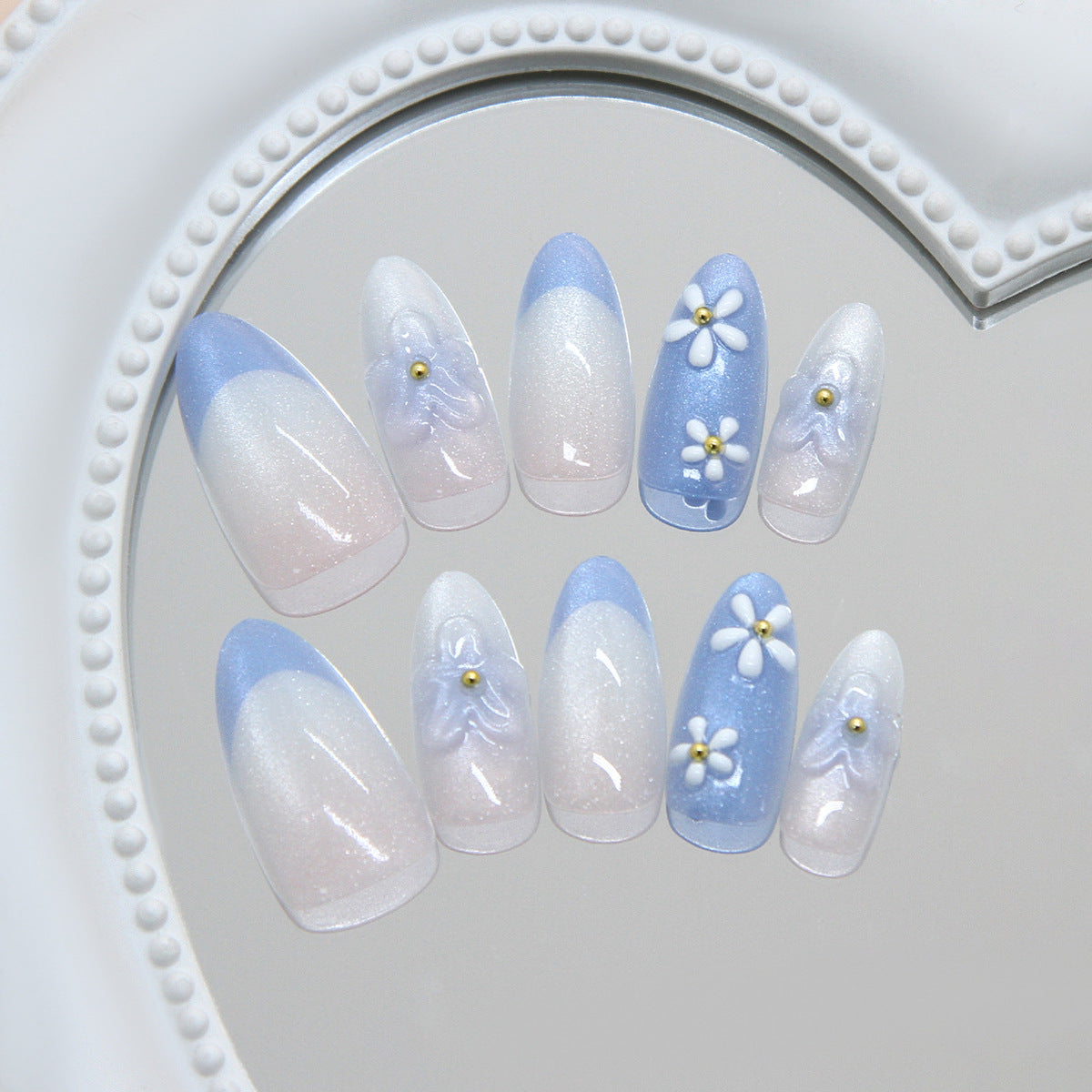 Dreamy Floral Fantasy Medium Almond Blue Ombre with Elegant Flower Accents Press on Nail Set