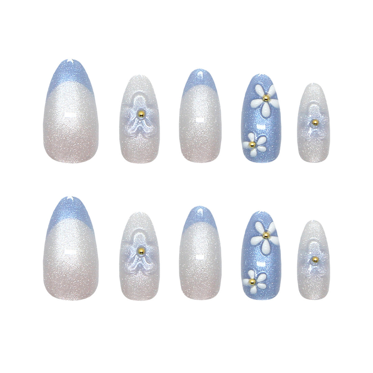 Whimsical Floral Long Almond Blue Glitter Press On Nail Set