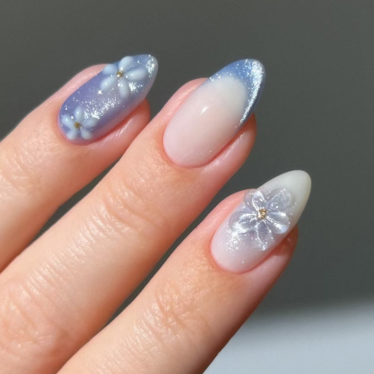 Gorgeous Floral Fantasy Medium Almond Blue and White Ombre with Glitter Detail Press On Nail Set
