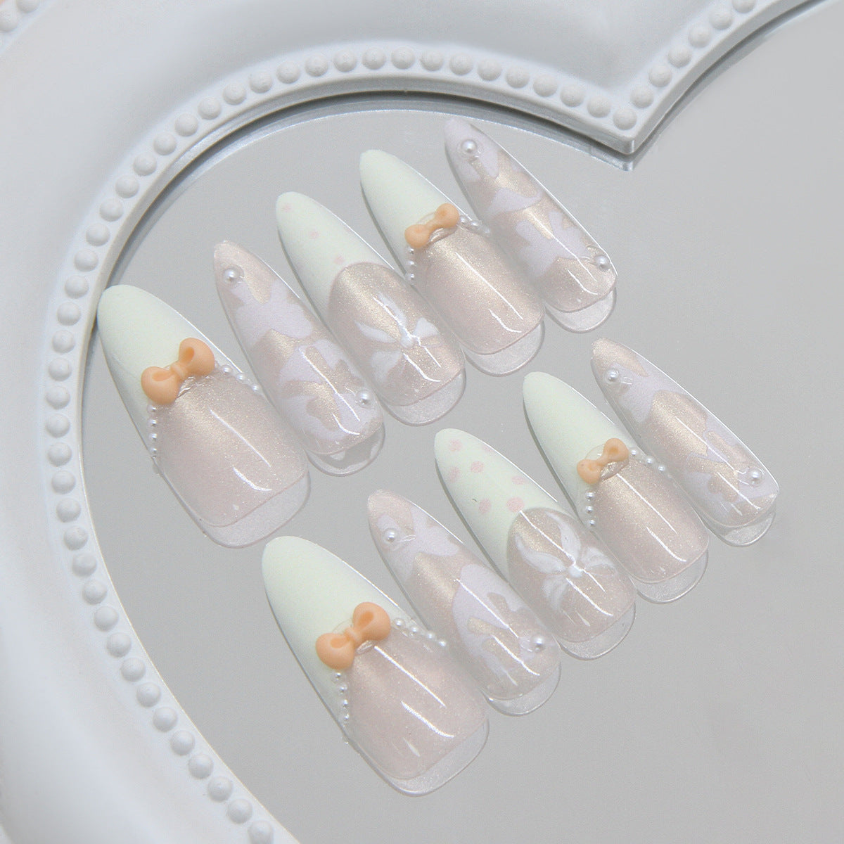 Charming Elegance Long Almond Pastel Press on Nail Set with Bow Detail