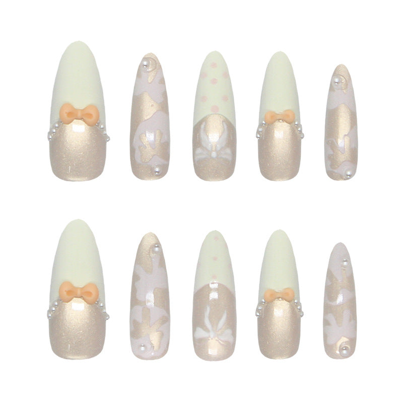 Whimsical Bow Decor Long Almond Green and Gold Nail Set