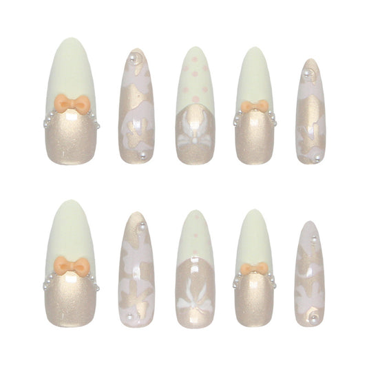 Whimsical Bow Decor Long Almond Green and Gold Nail Set