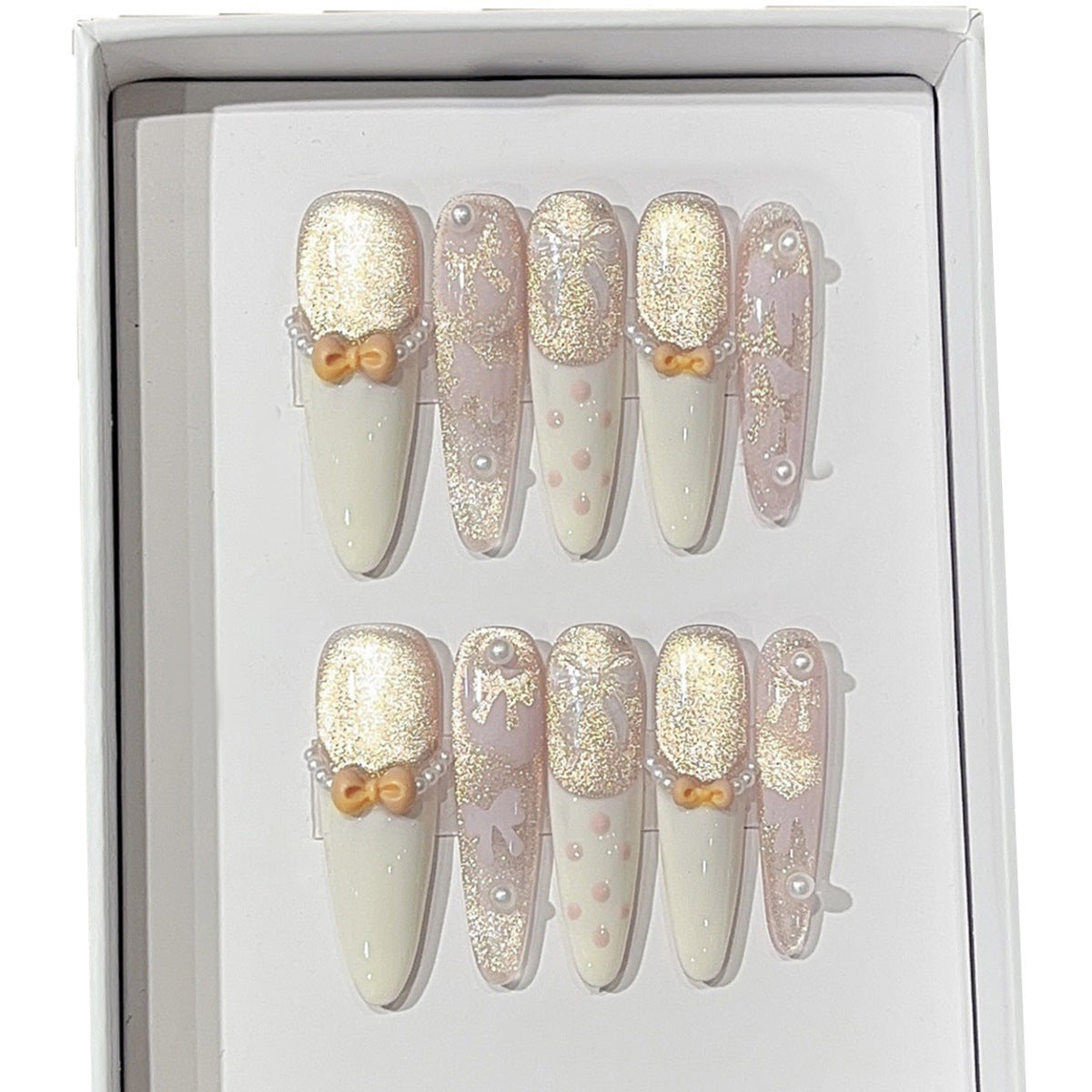 Charming Glamour Long Almond Pink and Gold Glitter with Bow Accent Press On Nail Set