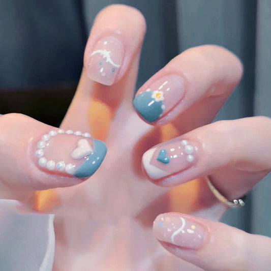 Enchanted Sky Short Round Pastel Blue and Pink Press On Nail Set with Pearl Embellishments