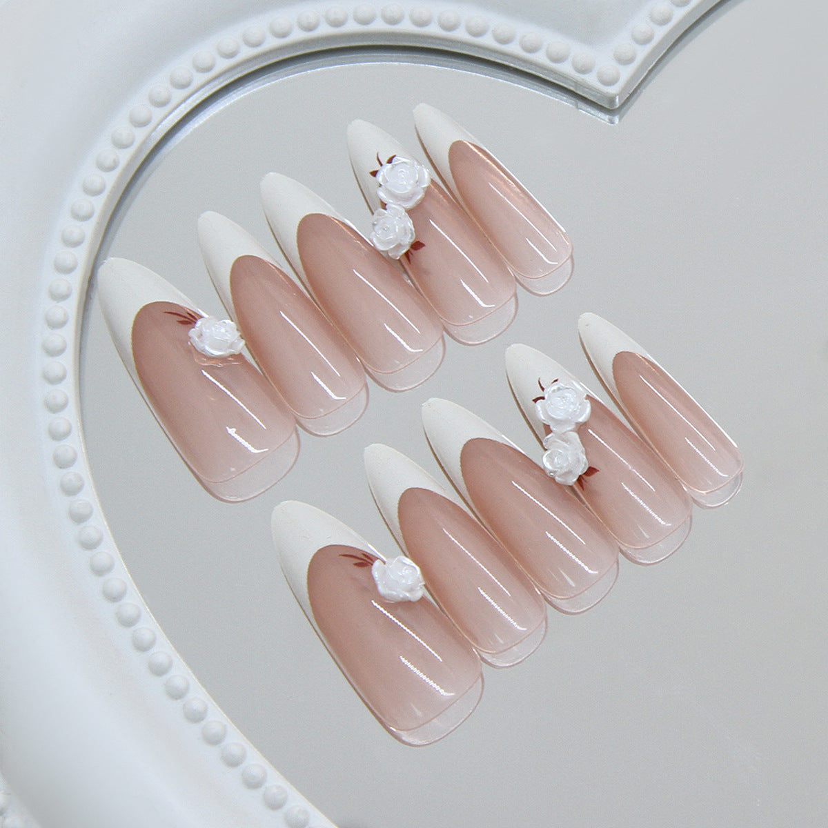 Elegant Floral Charm Long Almond Beige with White Tips Press on Nail Set