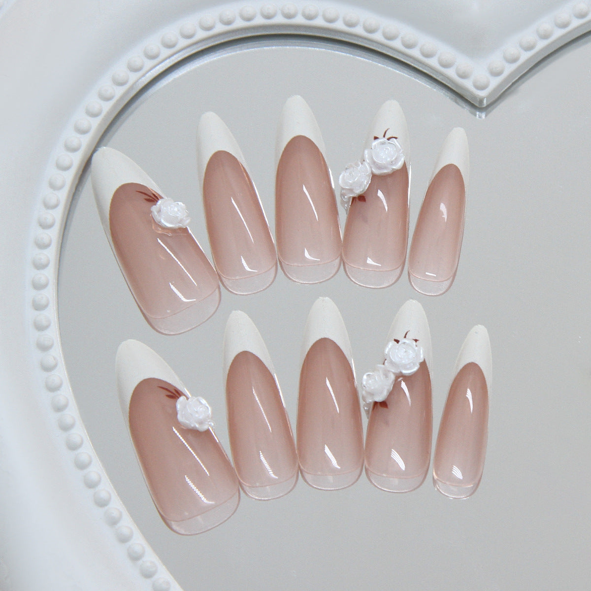 Charming Floral Elegance Long Almond Pink with White Tips and Floral Accents Nail Set
