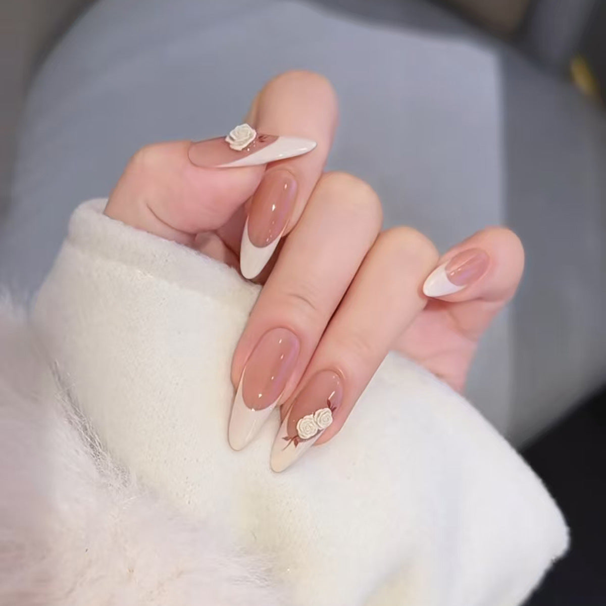 Elegant Floral Long Almond Beige and White Press On Nail Set with Charming Rose Accent
