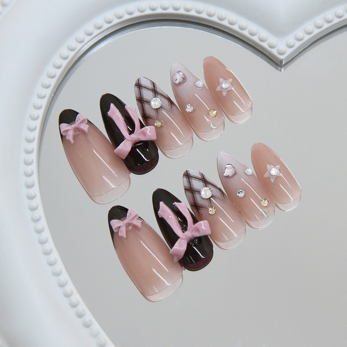 Chic Elegance Medium Almond Pink and Black Bow Tie Press on Nail Set with Gemstone Accents