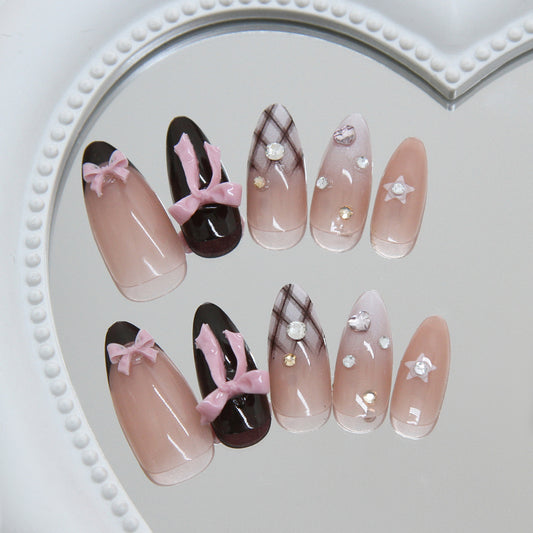 Charming Bows Medium Almond Pink with Rhinestone Accents Press on Nail Set