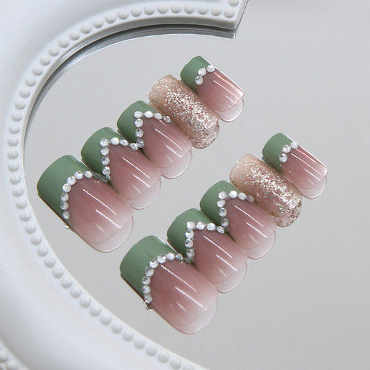 Elegant Garden Inspired Short Square Mint Green with Shimmering Rhinestone Accents Press On Nail Set